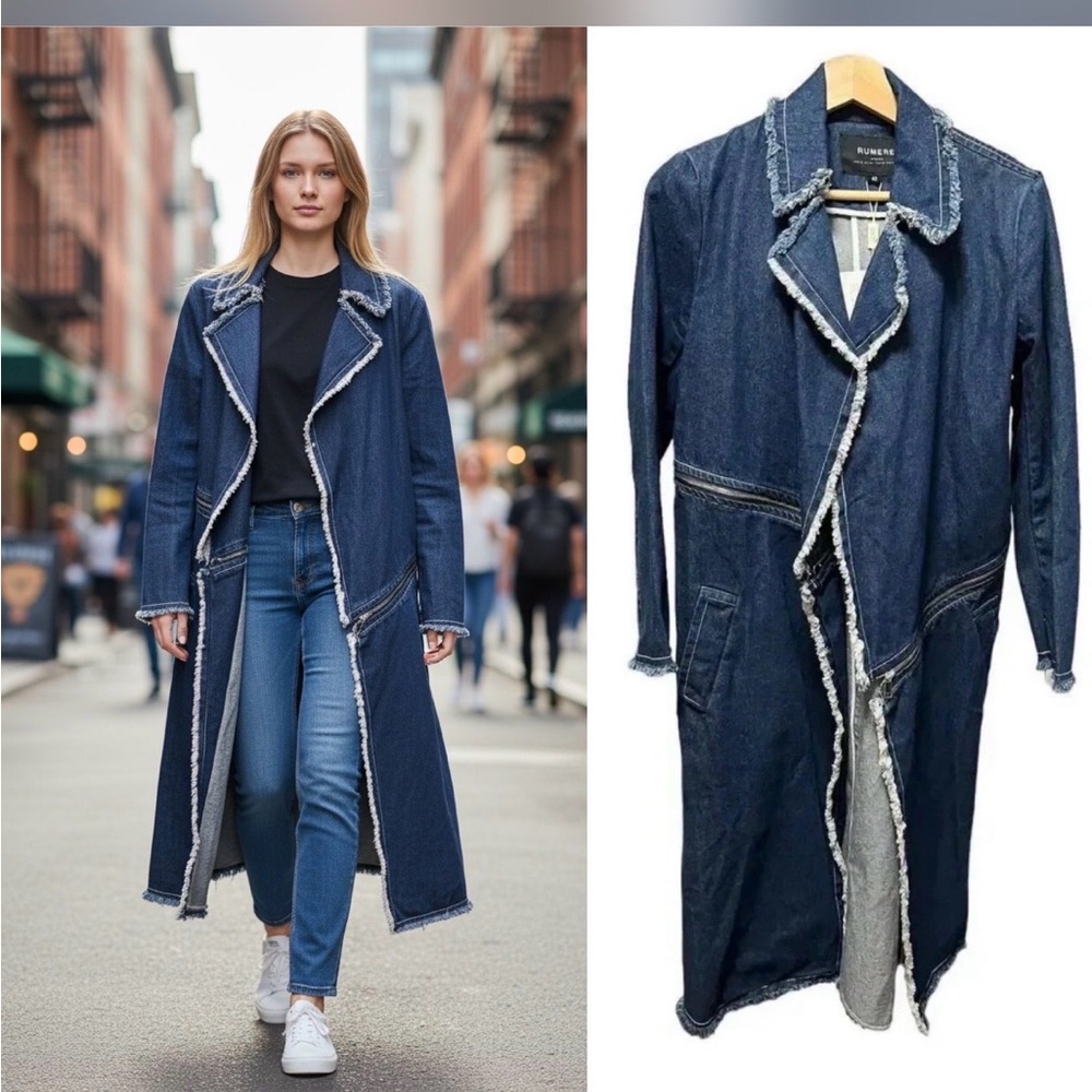 NWT Rumere Denim Long Coat with Frayed Edges